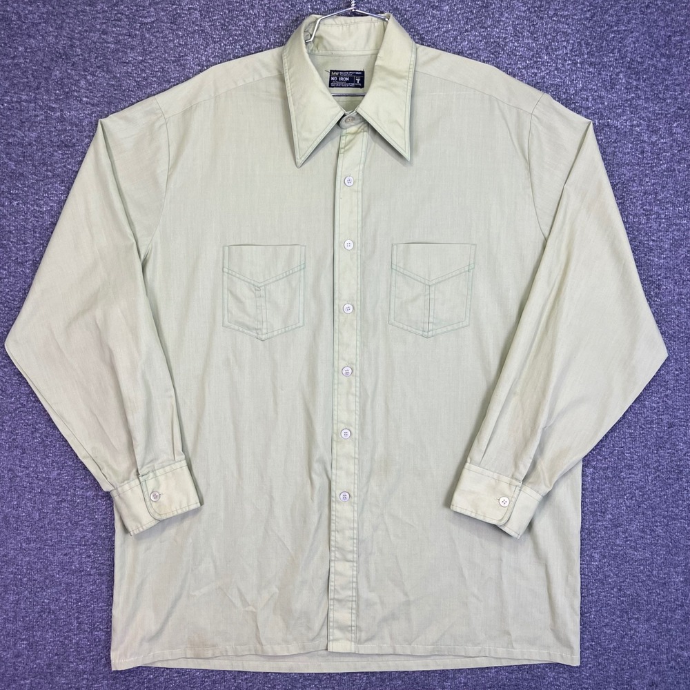 JC Penney Button Shirt Mens 17-17.5 Tall Sage Green Vintage 70s Pointed Collar